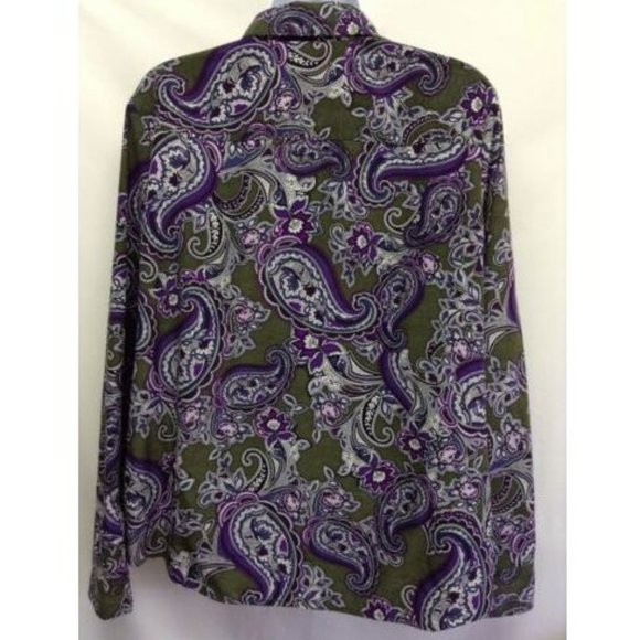 Women's Green Purple Paisley Long Sleeve Blouse XL - Picture 3 of 4